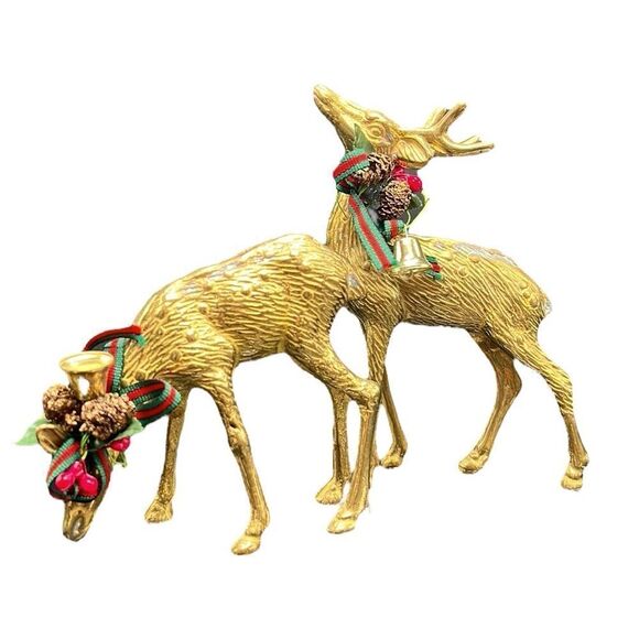 Vintage Brass Deer Figurines Set of 2 Christmas Holiday Table Decor READ - Picture 1 of 14